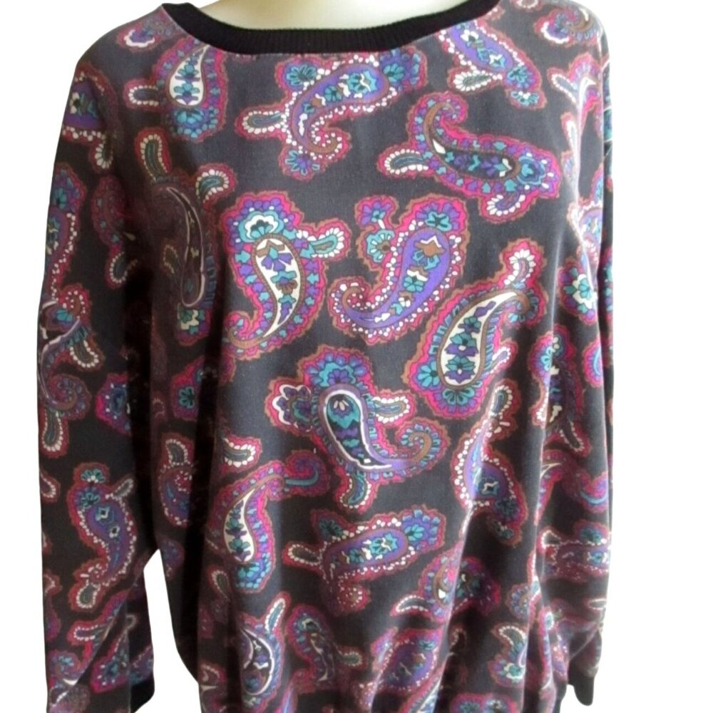Large Vintage Women's Pullover Shirt 15-16 1980's Paisley Print T-shirt LS Hippy
